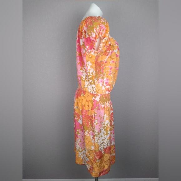 Talbots Pink Orange Silk Floral Drop Waist Dress Size Medium - Picture 3 of 14